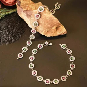 Crystal Halo & Floral Stone Link 92.5 Sterling Silver Anklets