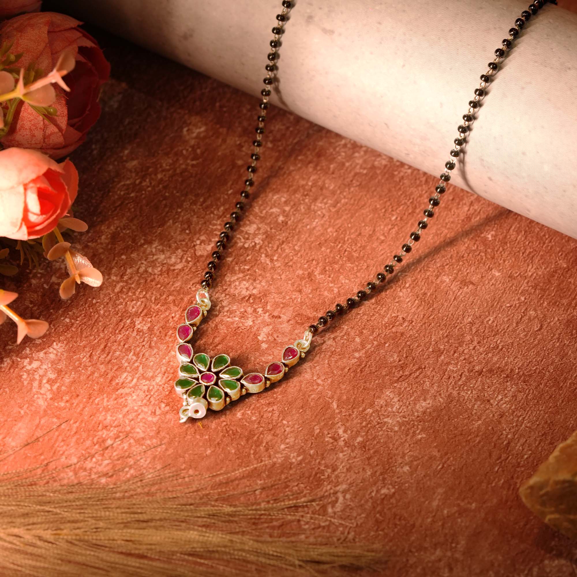 Floral Gemstone & Black Bead Oxidised Silver Mangalsutra 2