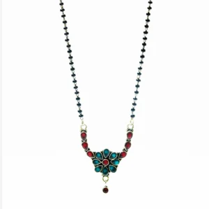Floral Gemstone & Black Bead Oxidised Silver Mangalsutra