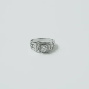 Geometric Brick Pattern Solitaire Silver Ring