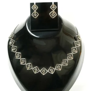 Geometric Rhombus & Floral Spray Crystal 92.5 Sterling Silver Necklace Set