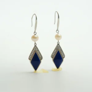 Midnight Blue & Pearl Geometric Drop Silver Earrings