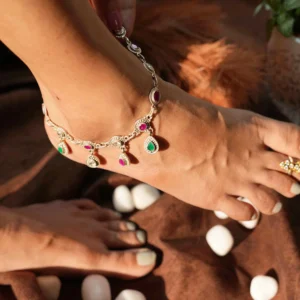 Multi-Color Teardrop Charm 92.5 Sterling Silver Anklets