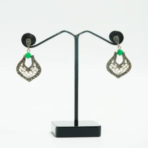 Vintage Art Deco Green & Marcasite Motif Silver Earrings