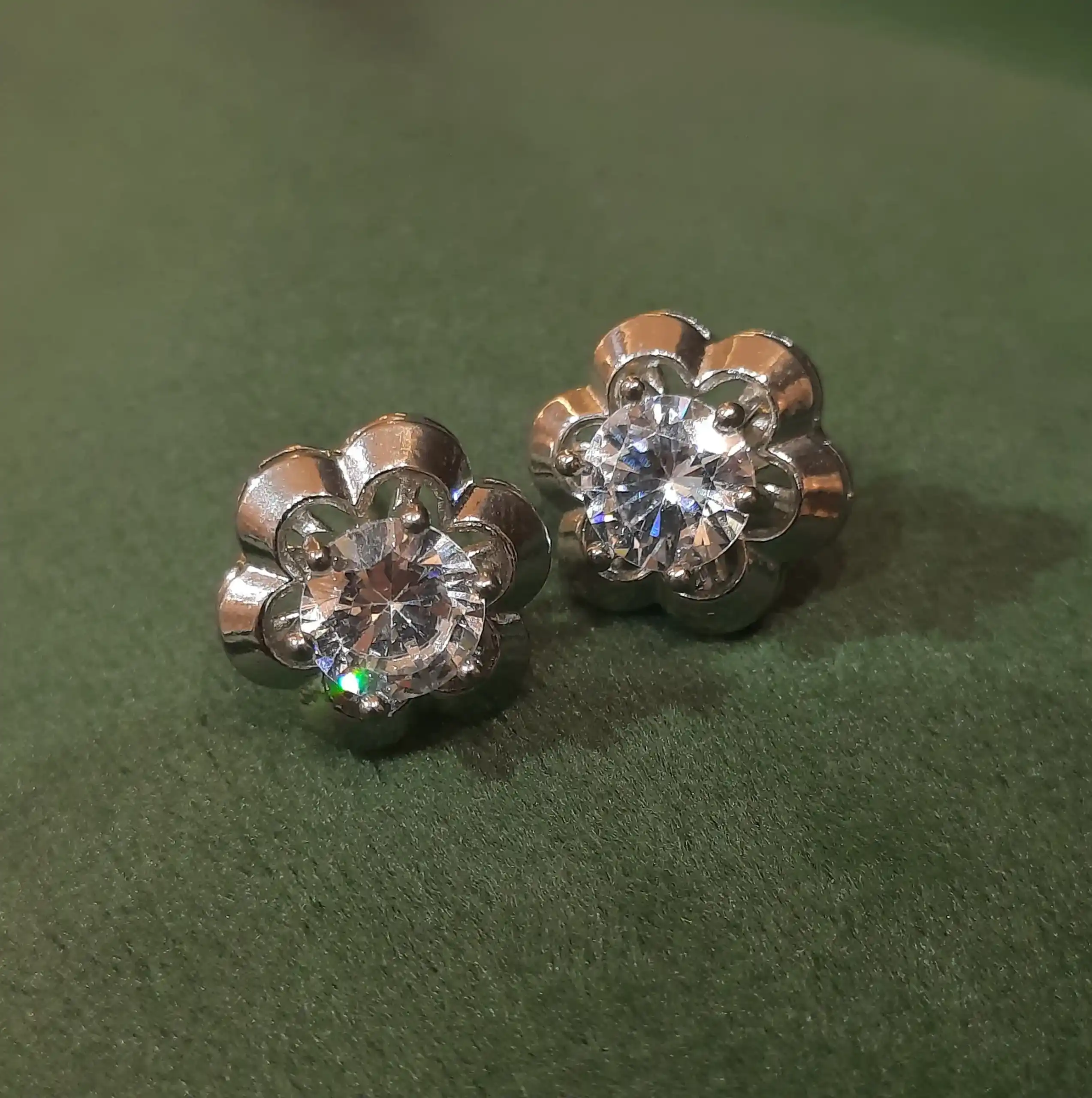 Phool Solitaire Stud Earrings in 925 Silver with White Zircon