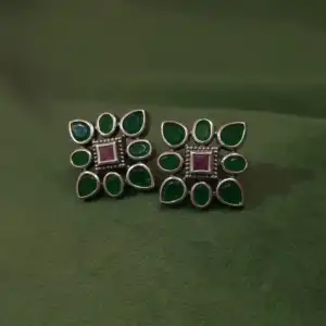 Haritha Kemp Stud Earrings in Oxidized 925 Silver with Green and Pink Stones