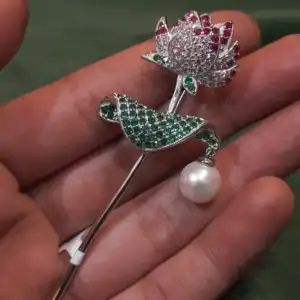 Kamal Pearl Drop Lapel Pin in 925 Silver with Multicolor Zircon