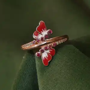 Red Butterfly Bypass Wrap Ring in 925 Silver - Rose Gold Plated