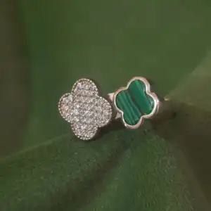 Lucky Clover Duo Open Ring in 925 Silver - Malachite Green