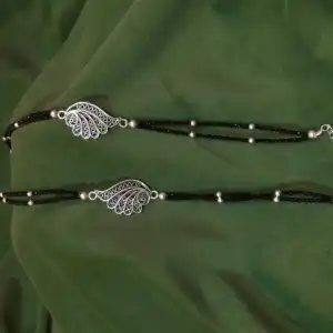 Peacock Feather Filigree Anklet Pair with Black Beads in 925 Silver - Double Layer