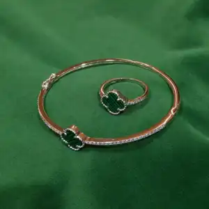 Green Clover Sparkle Kada & Ring Set in 925 Silver