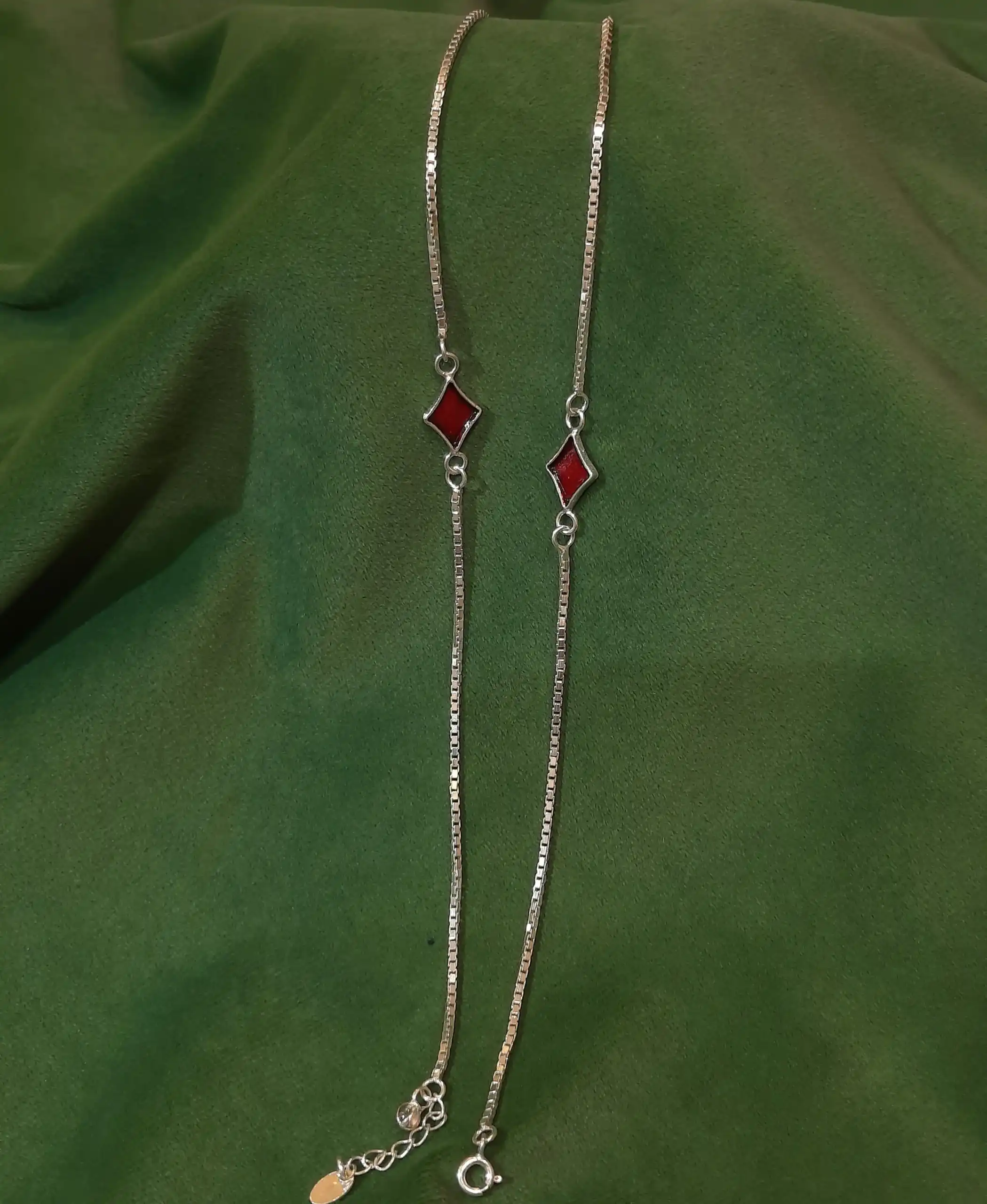 925 Sterling Silver Red Enamel Diamond Charm Anklet Pair - Minimal Box Chain Payal