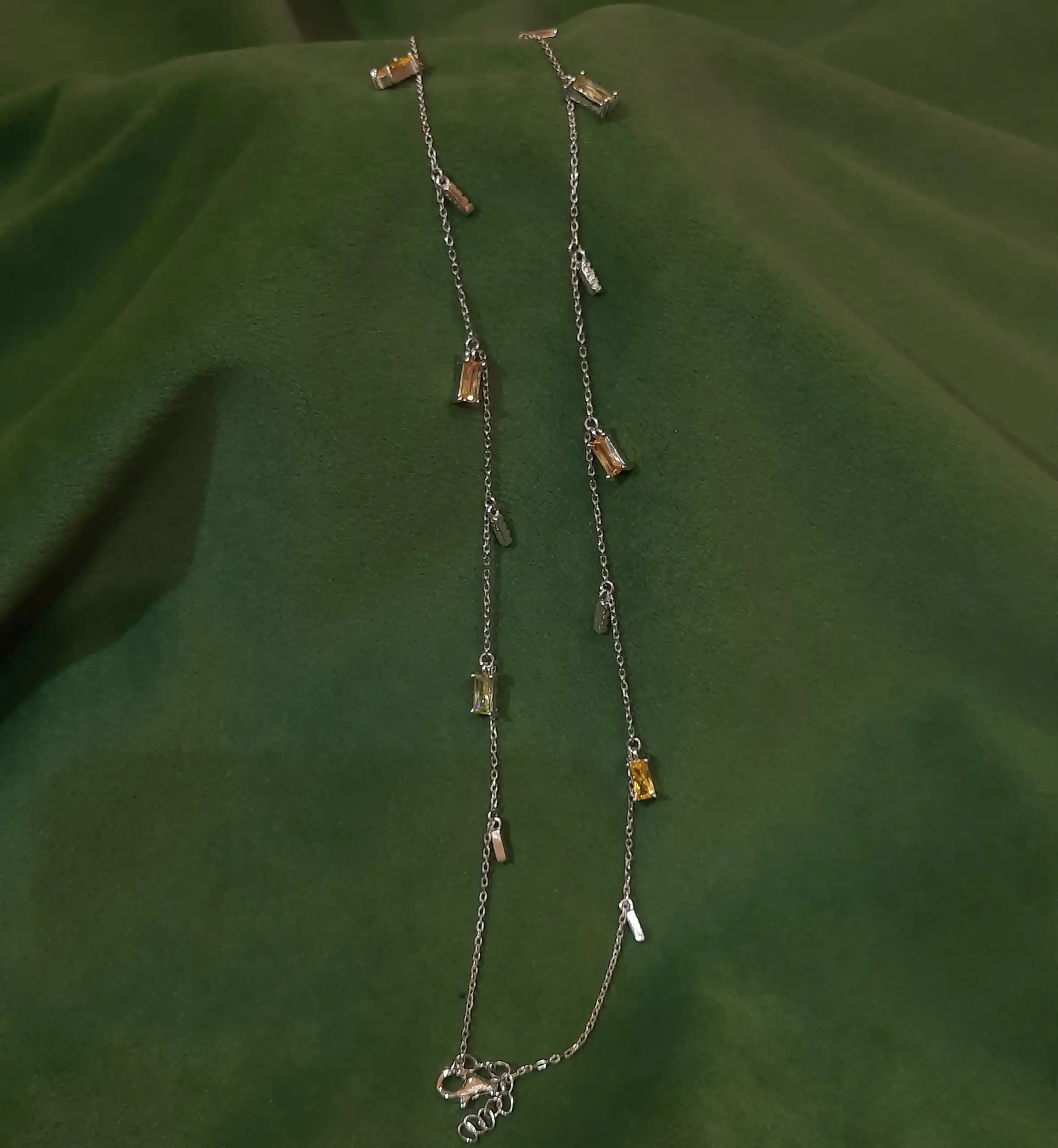 925 Sterling Silver Champagne Baguette Charm Anklet Pair - Dainty Drop Payal