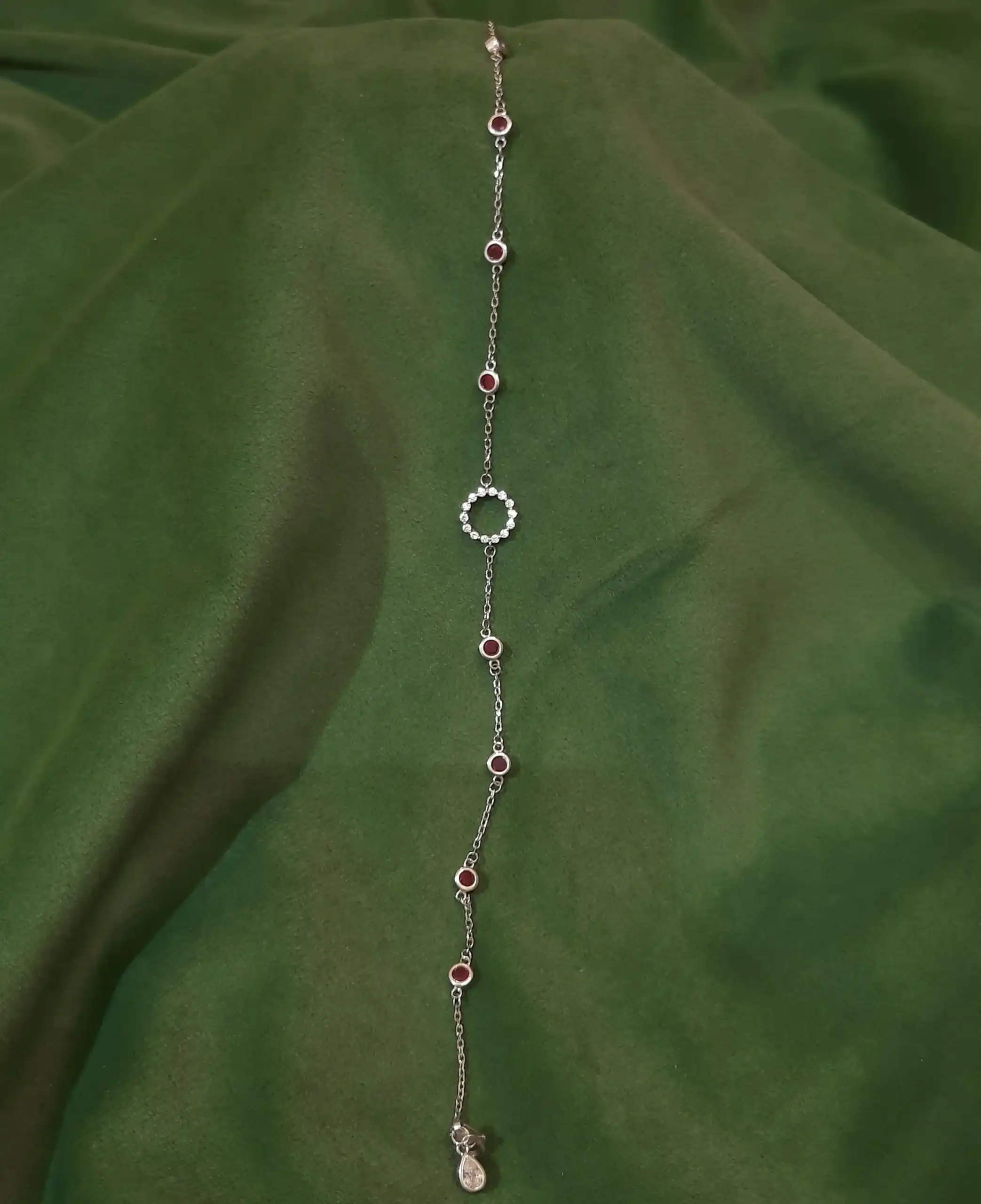 925 Silver Red Stone & CZ Circle Designer Chain Anklet - Trendy Single Payal