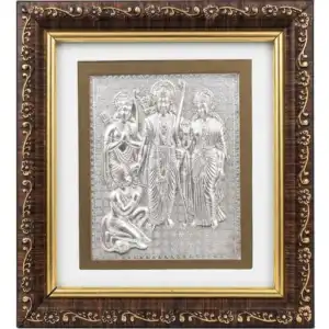 Shri Ram Darbar Silver Foil Frame with Hanuman Ji - Wooden Temple Wall Decor