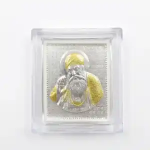 Guru Nanak Dev Ji 999 Silver Foil Frame with Golden Polish - Table Top Decor