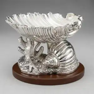 999 Pure Silver Seashell Pearl Bowl with Conch Stand - Ocean Theme Decor