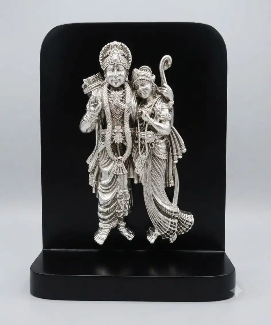 999 Pure Silver Siya Ram Ji Idol - Standing Ram Sita Embossed Murti on Wooden Stand