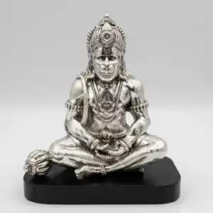 999 Pure Silver Meditating Hanuman Ji Idol - Blessing Bajrang Bali Murti on Wooden Base
