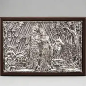 999 Pure Silver Radha Krishna with Cow Wall Frame - 3D Embossed Wooden Frame