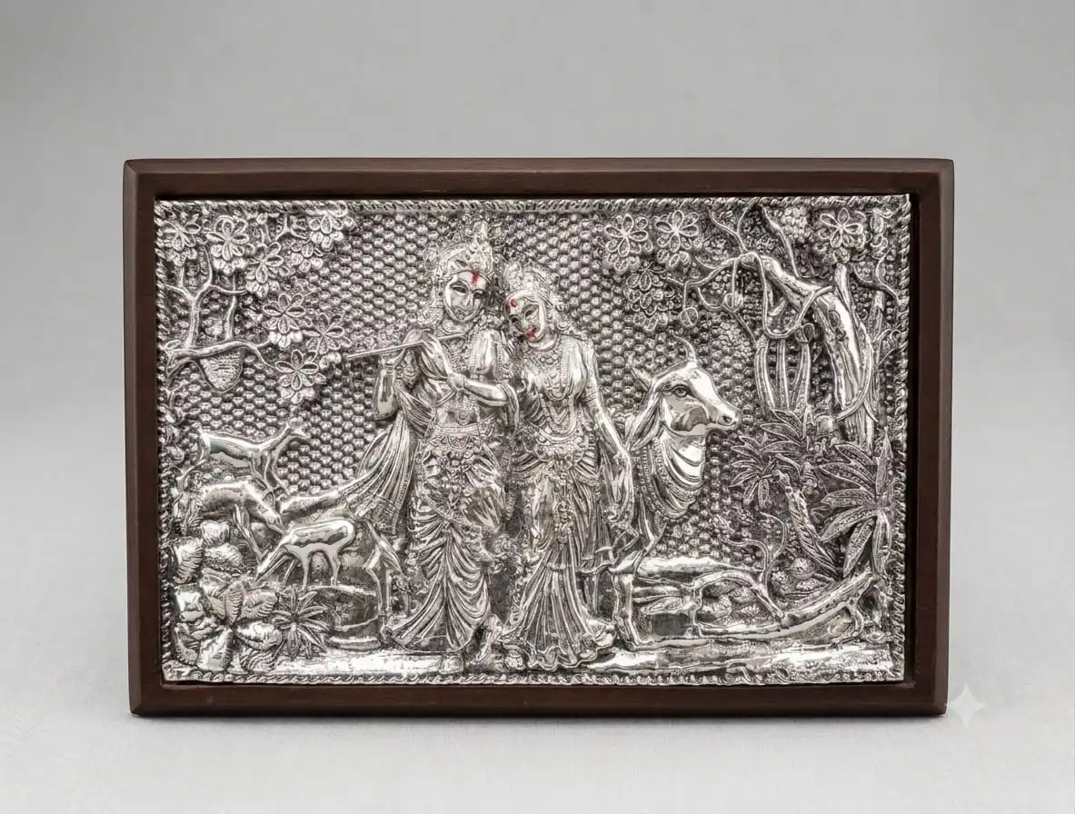 999 Pure Silver Radha Krishna with Cow Wall Frame - 3D Embossed Wooden Frame