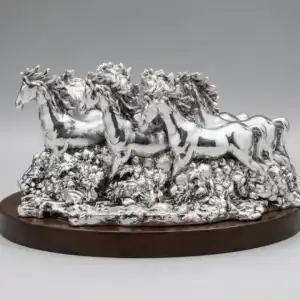 999 Pure Silver Seven Running Horses Idol - Vastu Lucky Horse Sculpture on Wooden Base