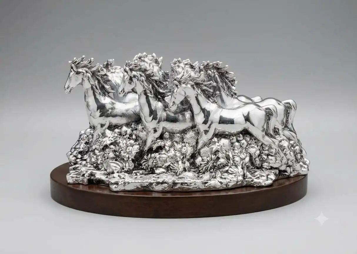 999 Pure Silver Seven Running Horses Idol - Vastu Lucky Horse Sculpture on Wooden Base