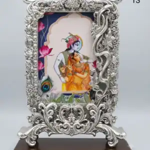 999 Pure Silver Radha Krishna Photo Frame - Divine Lotus Art with Heavy Antique Silver Carved Frame 13 Inch