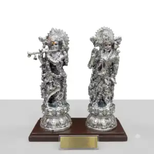 999 Pure Silver Radha Krishna Standing Jodi - Premium Murti Set on Wooden Base with Name Plate