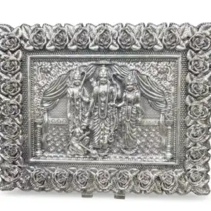 999 Pure Silver Ram Darbar Frame - Ram Sita Lakshman Hanuman Rose Border Table Frame