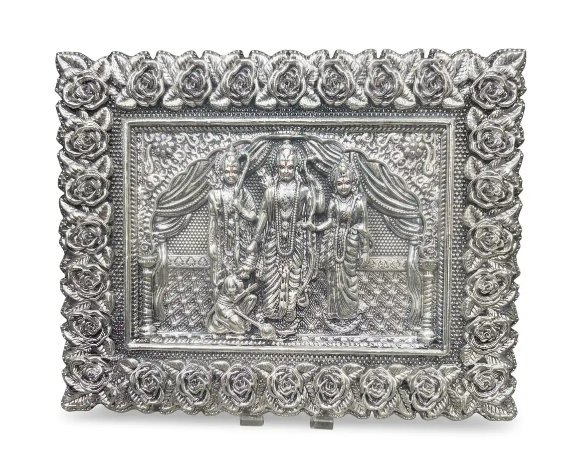 999 Pure Silver Ram Darbar Frame - Ram Sita Lakshman Hanuman Rose Border Table Frame
