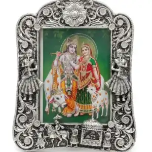 999 Pure Silver Radha Krishna With Gau Mata Photo Frame - Baraat Design Antique Table Frame