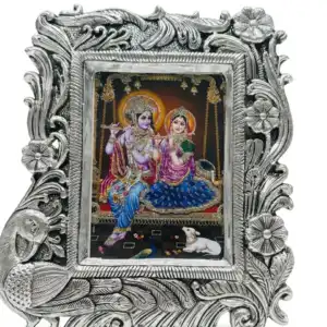 999 Pure Silver Radha Krishna Jhula Photo Frame - Peacock Feather Designer Table Frame