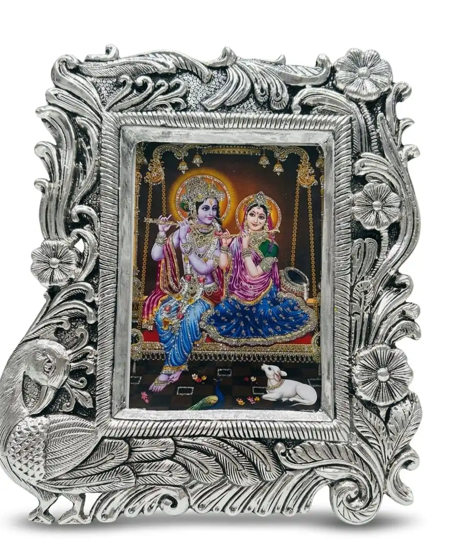 999 Pure Silver Radha Krishna Jhula Photo Frame - Peacock Feather Designer Table Frame
