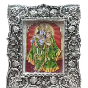 999 Pure Silver Radha Krishna Photo Frame - Standing Jodi Antique Table Frame
