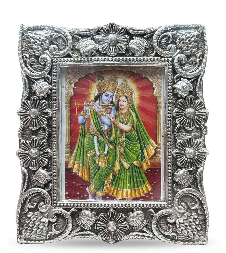 999 Pure Silver Radha Krishna Photo Frame - Standing Jodi Antique Table Frame