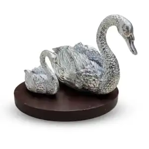 999 Pure Silver Swan Mother and Baby Idol - Hans Couple Sculpture on Wooden Base