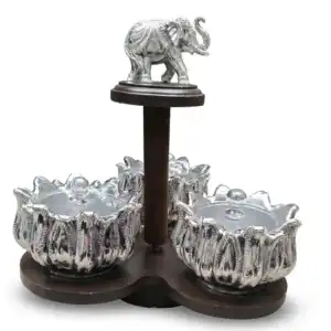 999 Pure Silver Lotus Elephant Revolving Mukhwas Box - 3 Bowl Dry Fruit Server with Stand