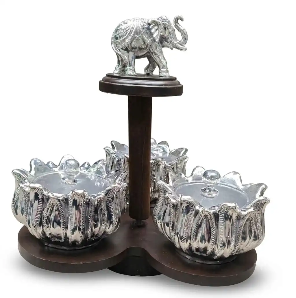 999 Pure Silver Lotus Elephant Revolving Mukhwas Box - 3 Bowl Dry Fruit Server with Stand