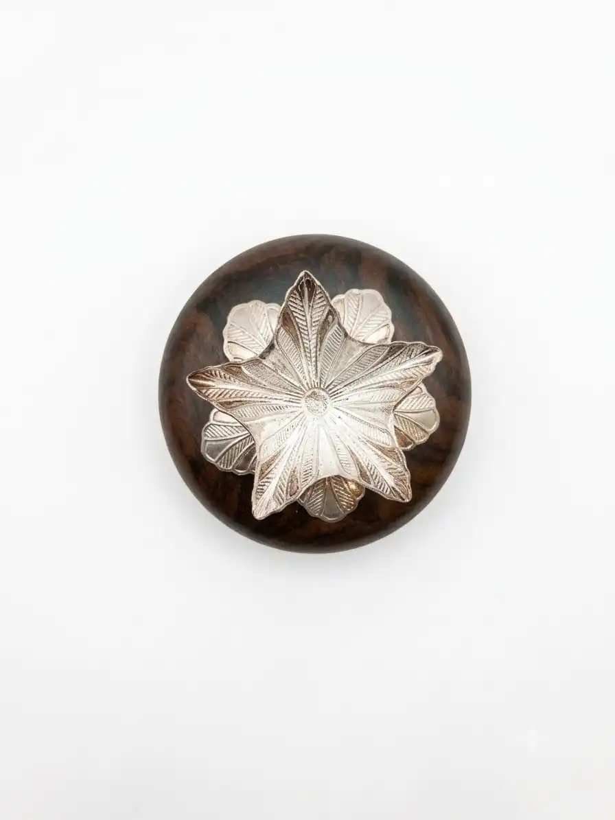 999 Pure Silver Floral Top Wooden Sindoor Box - Star Flower Kumkum Dani