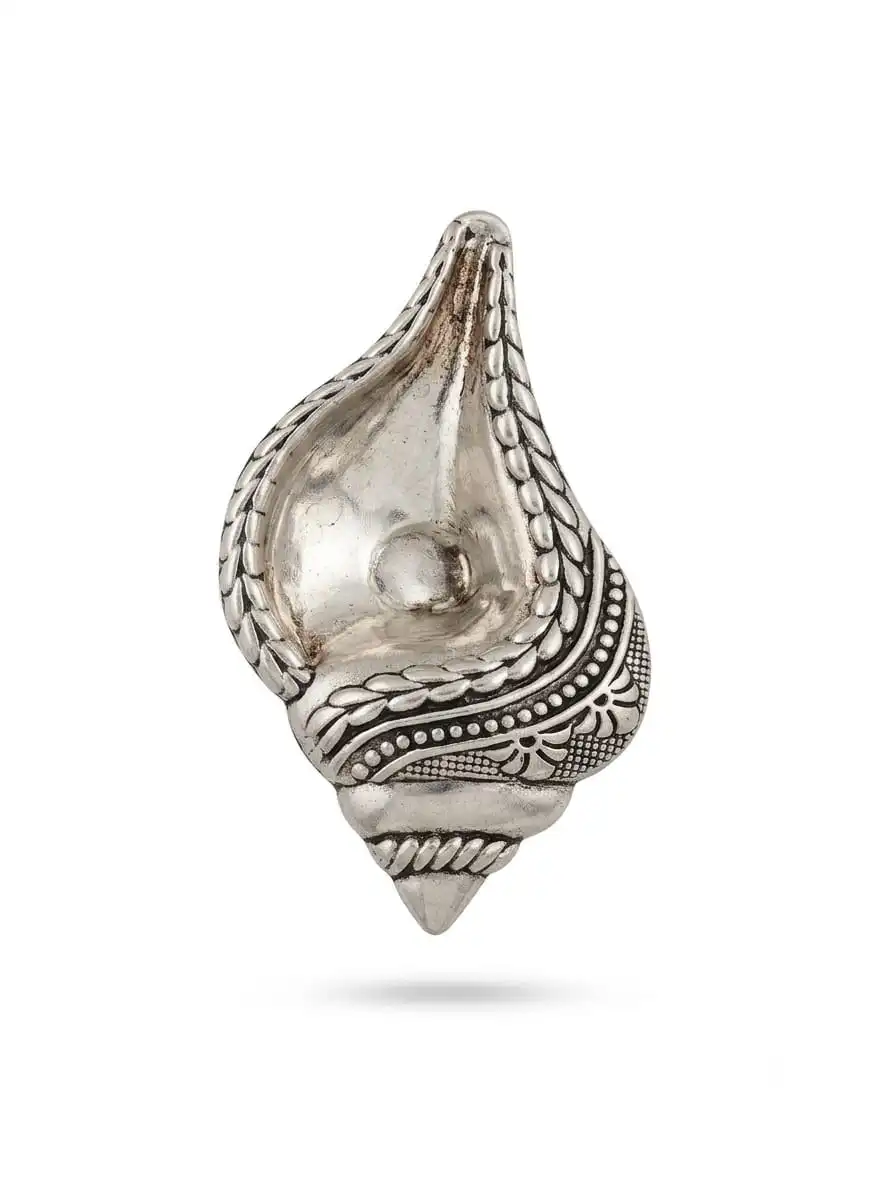 999 Pure Silver Antique Shankh Diya - Conch Shape Oil Lamp