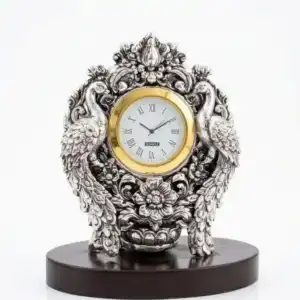 999 Pure Silver Antique Twin Peacock Clock - Mayur Jodi Table Clock on Wooden Base
