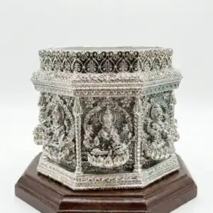 999 Pure Silver Ashta Lakshmi Tulsi Planter / Gamla Pot on Wooden Base - Octagonal Temple Pot