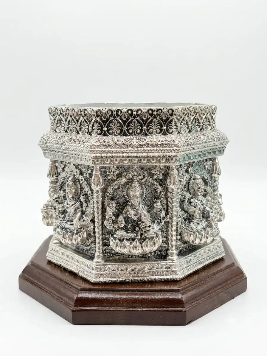 999 Pure Silver Ashta Lakshmi Tulsi Planter / Gamla Pot on Wooden Base - Octagonal Temple Pot