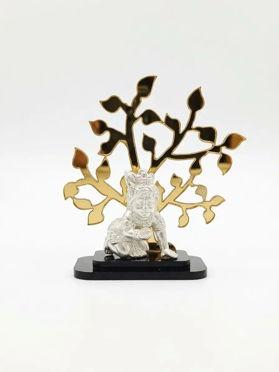 999 Pure Silver Laddu Gopal Idol with Golden Tree - Bal Krishna Crawling with Makhan on Acrylic Base