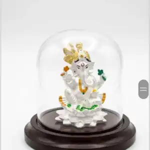 999 Pure Silver Ganesh Idol on Lotus in Glass Dome - Lotus Ganesha with Wooden Base
